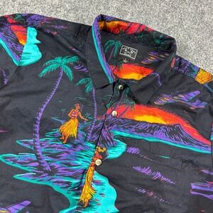 Dark Seas Shirt Mens Large Black Neon Tropical Hula Print Button Up Short Sleeve